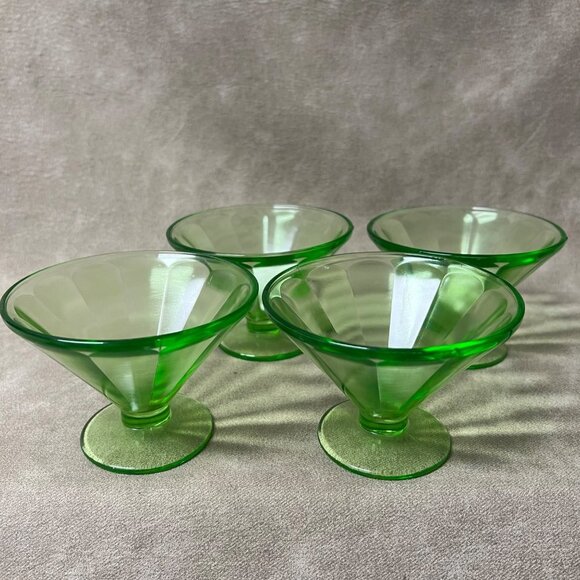 Vintage Federal Uranium Green Depression Glass Sherbets Dessert 4 Ribbed Optic - Picture 3 of 8